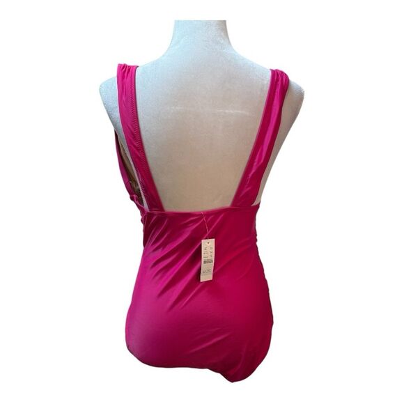 NWT J. Crew Radiant Fushia Roushed V Neck One Piece Bathing Suit Size 14 - Picture 3 of 9